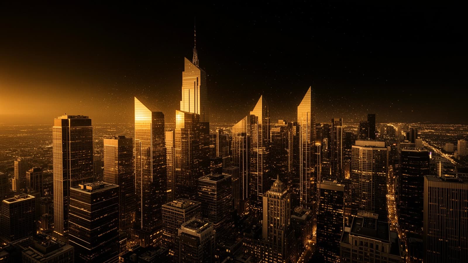 Modern city skyline at golden dusk